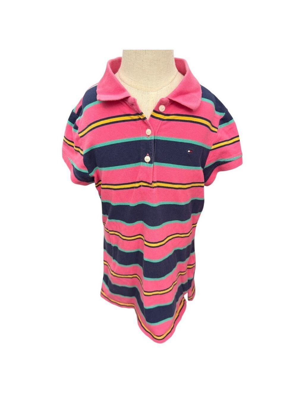 Tommy Hilfiger Girls Polo Shirt Large Pink Navy Stripes Cotton - Picture 2 of 4